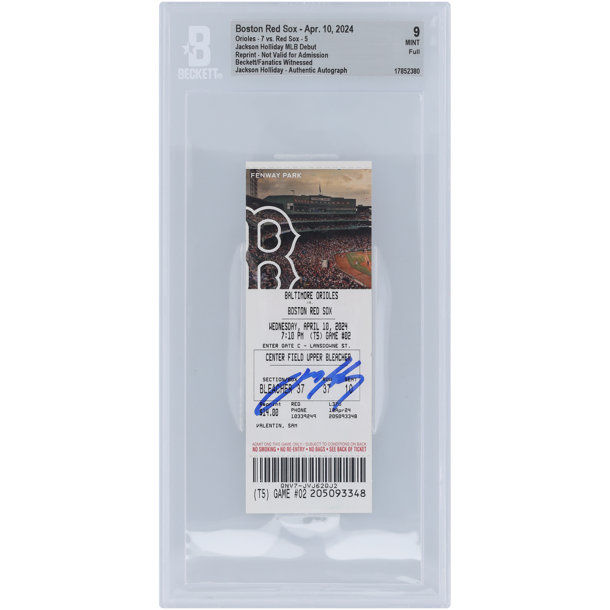 Jackson Holliday Baltimore Orioles Autographed MLB Debut Beckett Fanatics Witnessed Authenticated 9 Ticket from April 10, 2024 Jackson Holliday Baltimore Orioles Autographed MLB Debut Beckett Fanatics Witnessed Authenticated 9 Ticket from April 10, 2024