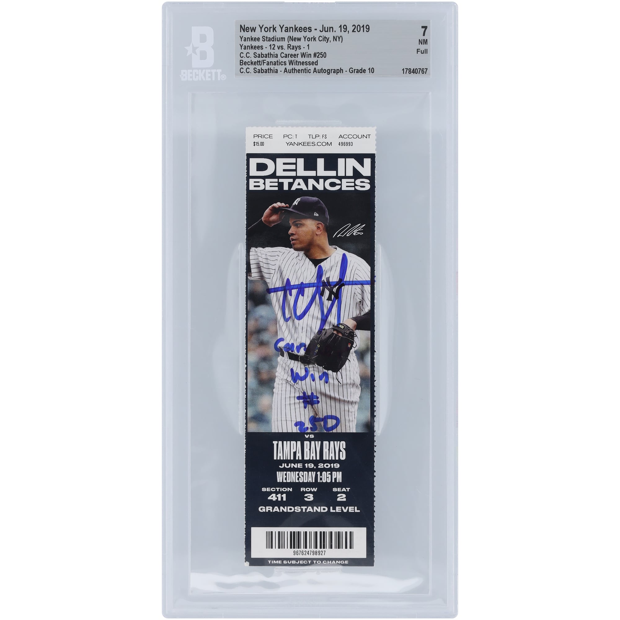 CC Sabathia New York Yankees Autographed Career Win #250 Beckett Fanatics Witnessed Authenticated 7/10 Ticket from June 19, 2019 with "Career Win #250" Inscription