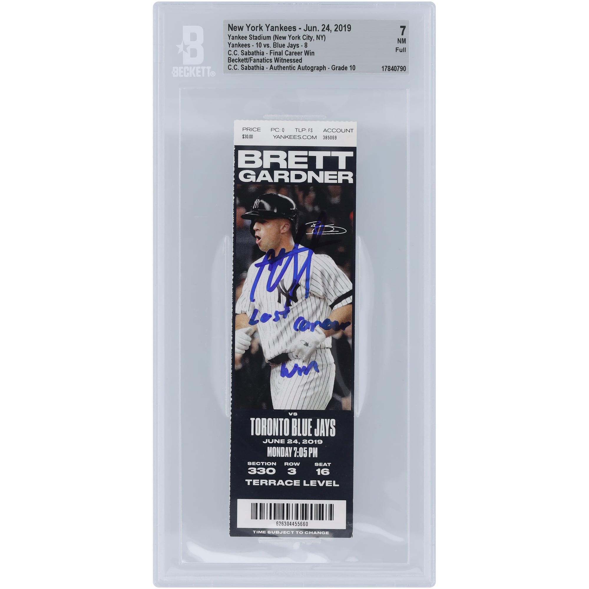 CC Sabathia New York Yankees Autographed Final Career Win Beckett Fanatics Witnessed Authenticated 7/10 Ticket from June 24, 2019 with "Last Career Win" Inscription
