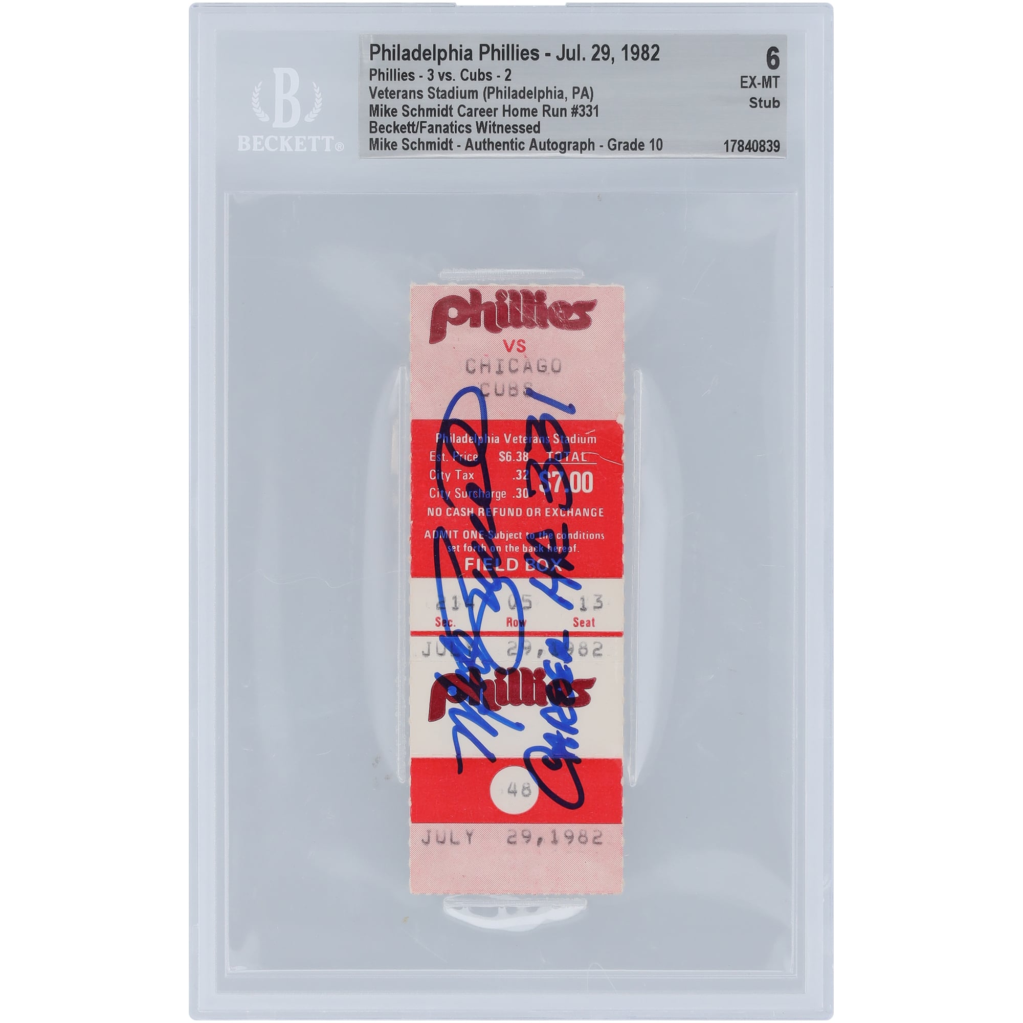 Mike Schmidt Philadelphia Phillies Autographed Career Home Run #331 Beckett Fanatics Witnessed Authenticated /10 Ticket from April 5