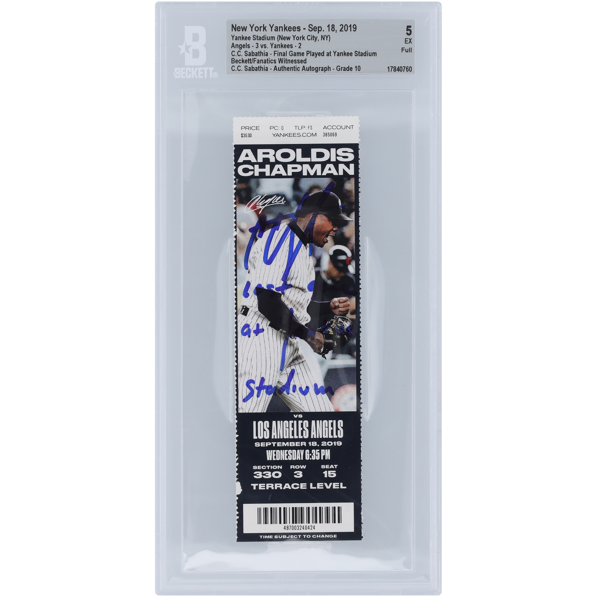 CC Sabathia New York Yankees Autographed Final Game Played at Yankee Stadium Beckett Fanatics Witnessed Authenticated /10 Ticket from September 18