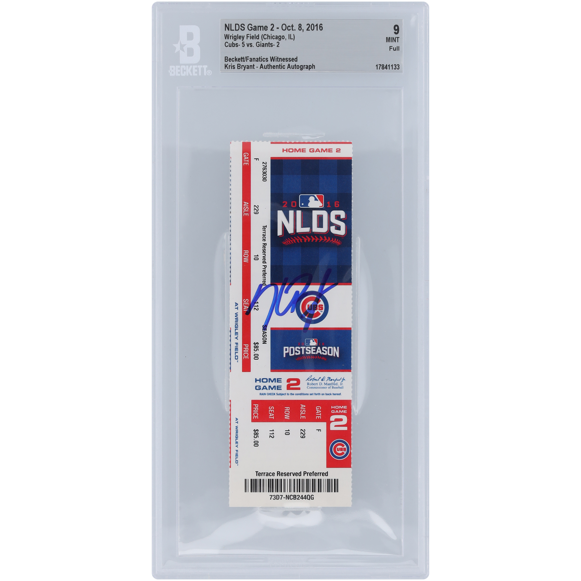 Kris Bryant Chicago Cubs Autographed 2016 NLDS Game 2 Beckett Fanatics Witnessed Authenticated 9 Ticket from October 8, 2016