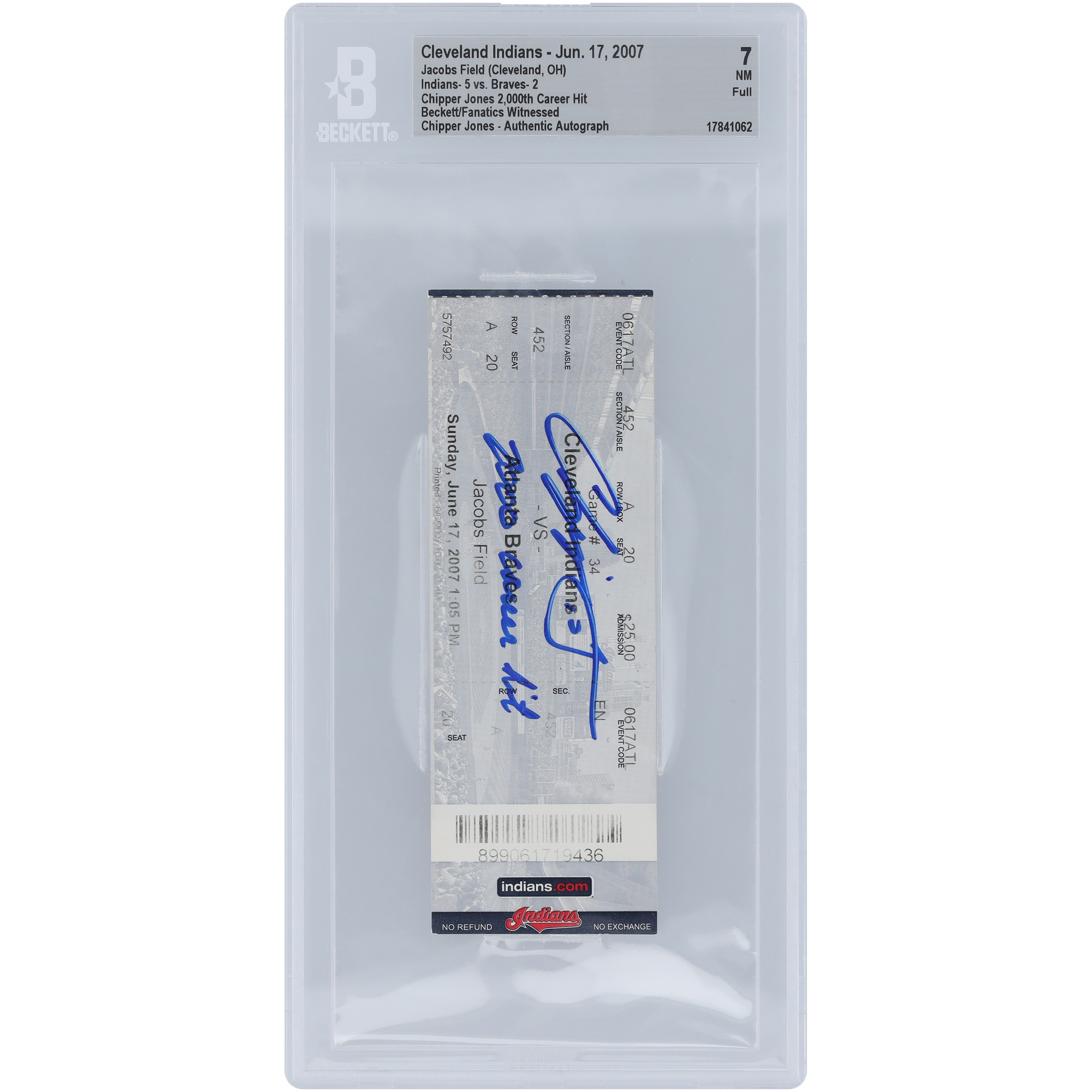 Chipper Jones Atlanta Braves Autographed 2,000th Career Hit Beckett Fanatics Witnessed Authenticated 7 Ticket from June 17, 2007 with "2000 Career Hit" Inscription