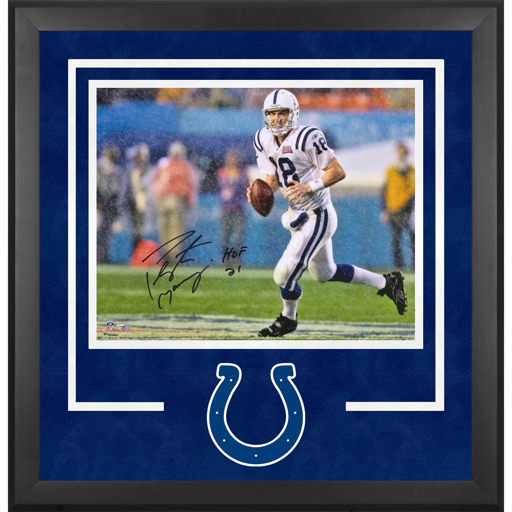 Peyton Manning Indianapolis Colts Autographed Deluxe Framed 16" x 20" Super Bowl XLI Running in Rain Photograph with "HOF 21" Inscription