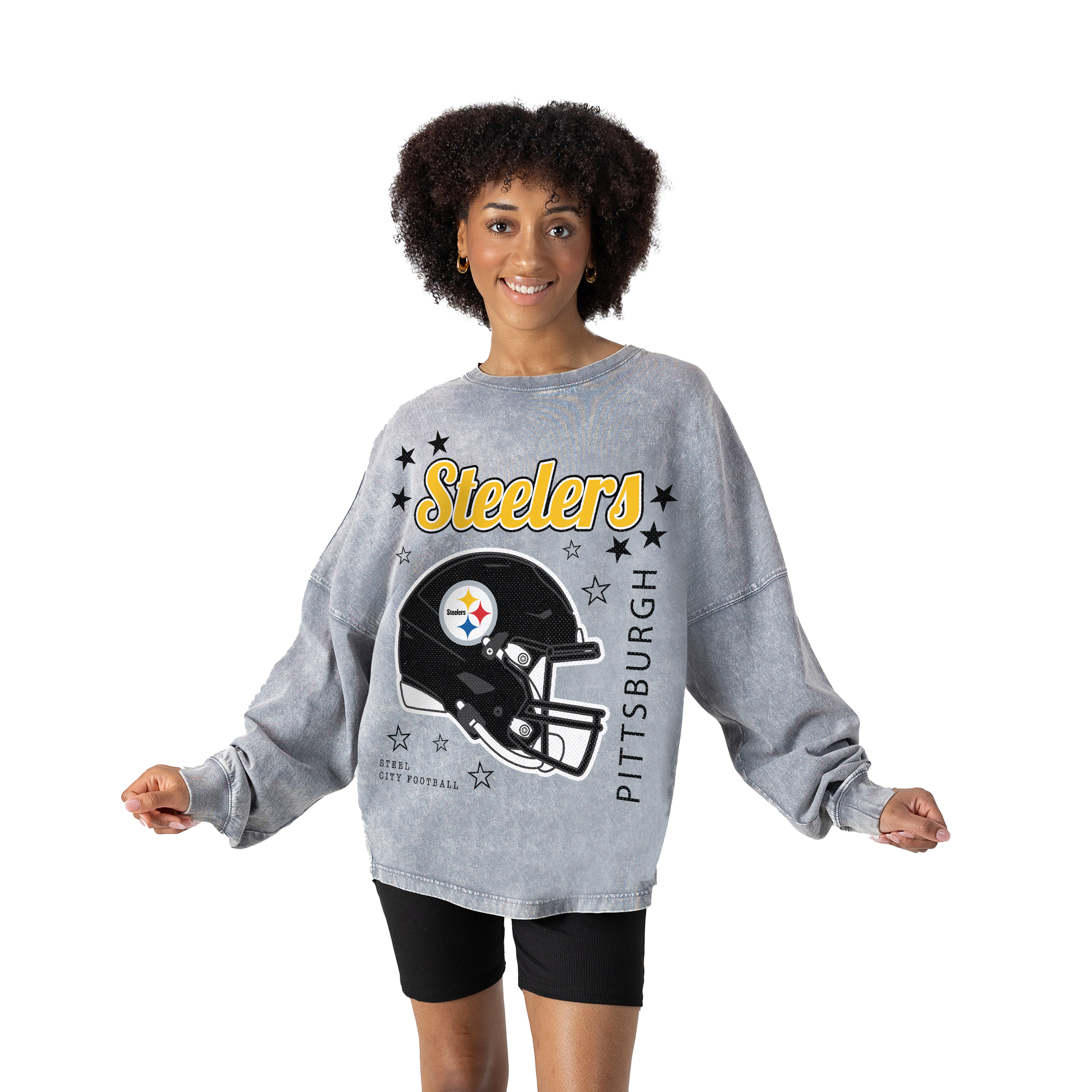 Women's Gameday Couture Gray Pittsburgh Steelers Starbound Oversized Snow Wash Long Sleeve T-Shirt