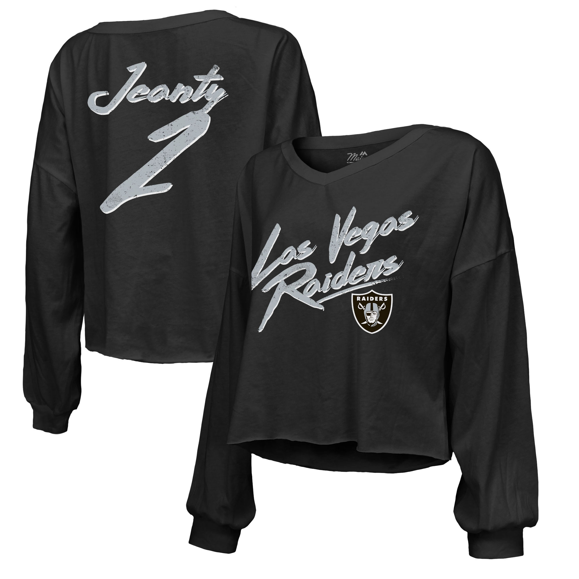 Women's Majestic Threads Ashton Jeanty Black Las Vegas Raiders Name & Number Off-Shoulder Script Cropped Long Sleeve Relaxed V-Neck T-Shirt