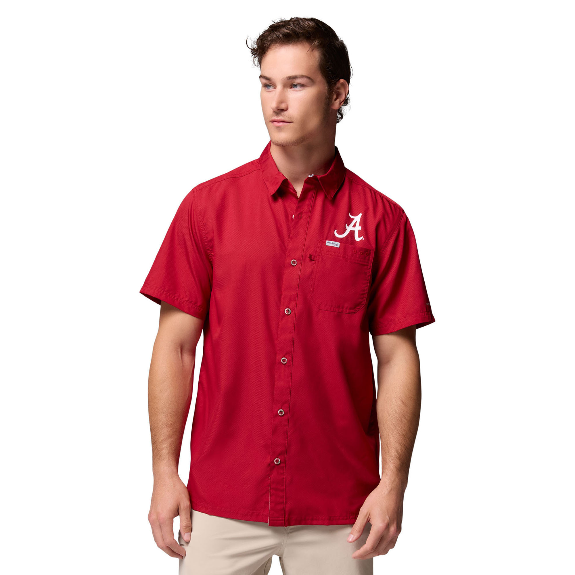Men’s Columbia Crimson Alabama Crimson Tide Slack Tide Camp Button-Up Shirt Men’s Columbia Crimson Alabama Crimson Tide Slack Tide Camp Button-Up Shirt