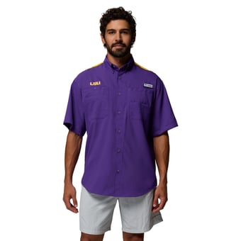 Men's Columbia Purple LSU Tigers Tamiami Colorblock Omni-Shade Button-Down Shirt