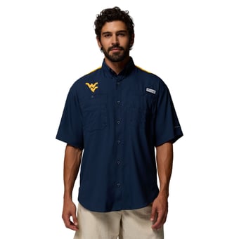 Men's Columbia Navy West Virginia Mountaineers Tamiami Colorblock Omni-Shade Button-Down Shirt