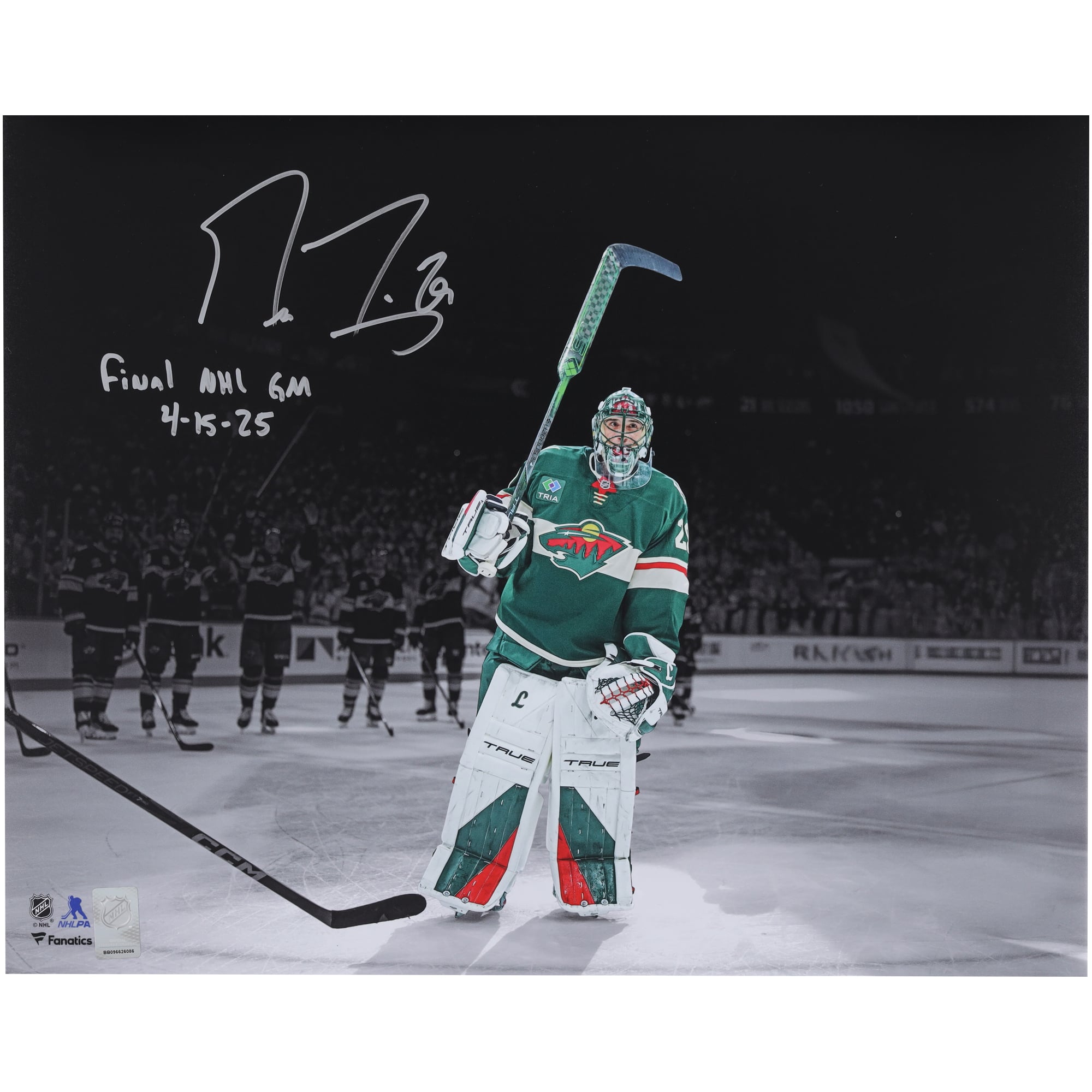 Marc-Andre Fleury Minnesota Wild Autographed 16" x 20" Final NHL Regular Season Game Spotlight Photograph with "Final NHL GM 4/15/25" Inscription