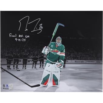 Marc-Andre Fleury Minnesota Wild Autographed 16" x 20" Final NHL Regular Season Game Spotlight Photograph with "Final NHL GM 4/15/25" Inscription