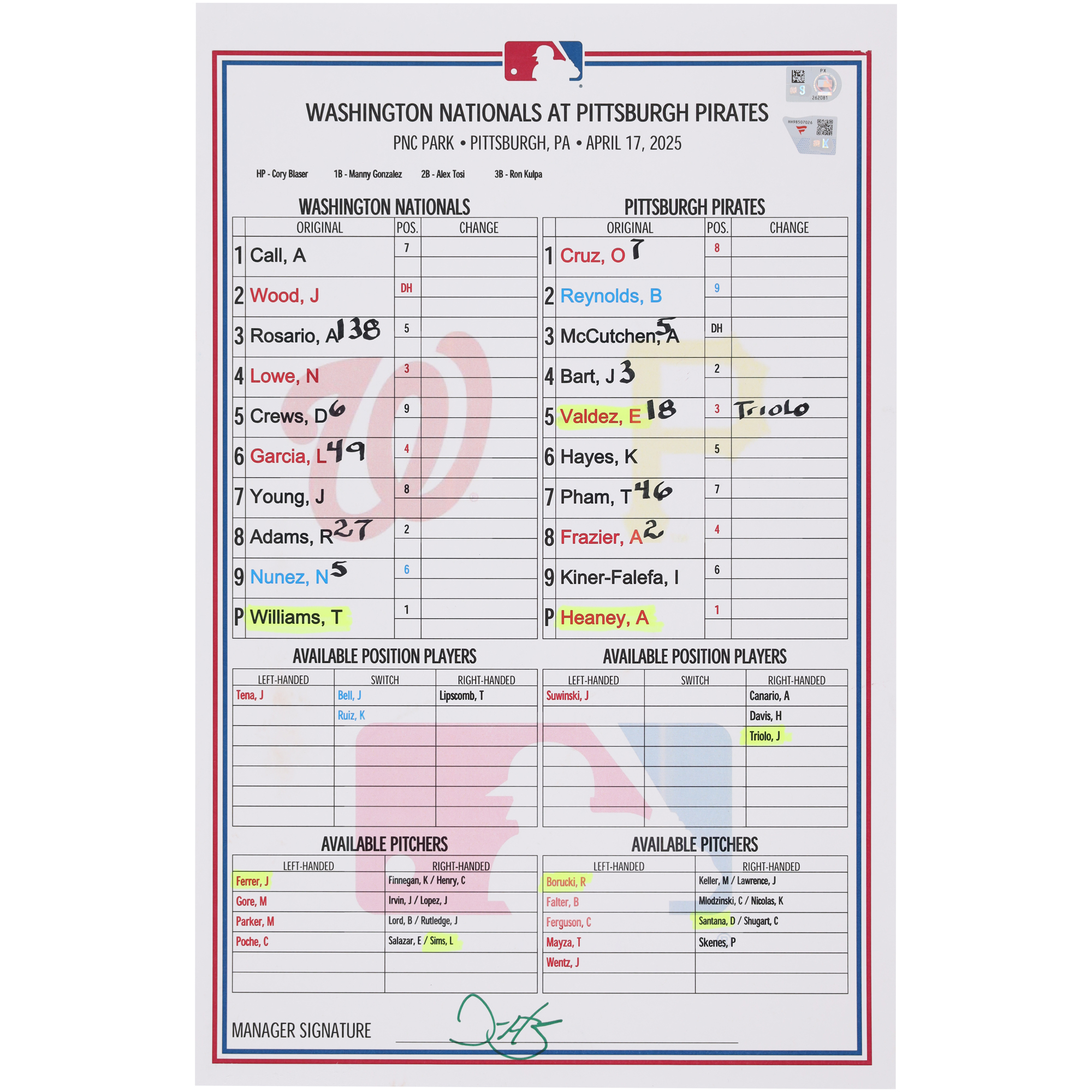 Washington Nationals Game-Used Lineup Card vs. Pittsburgh Pirates on April 17, 2025