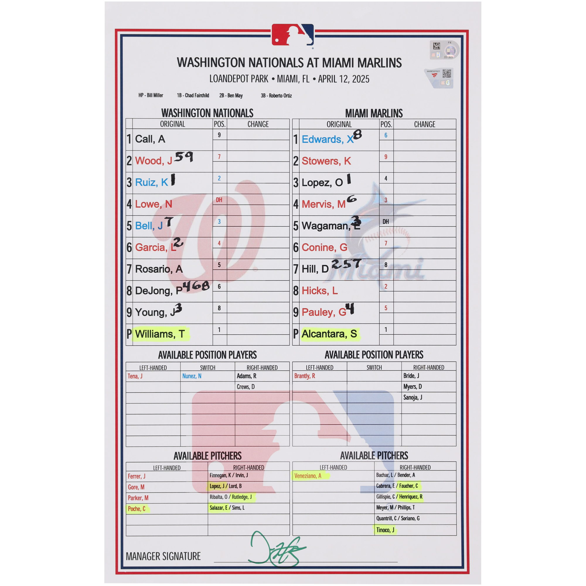 Washington Nationals Game-Used Lineup Card vs. Miami Marlins on April 12, 2025
