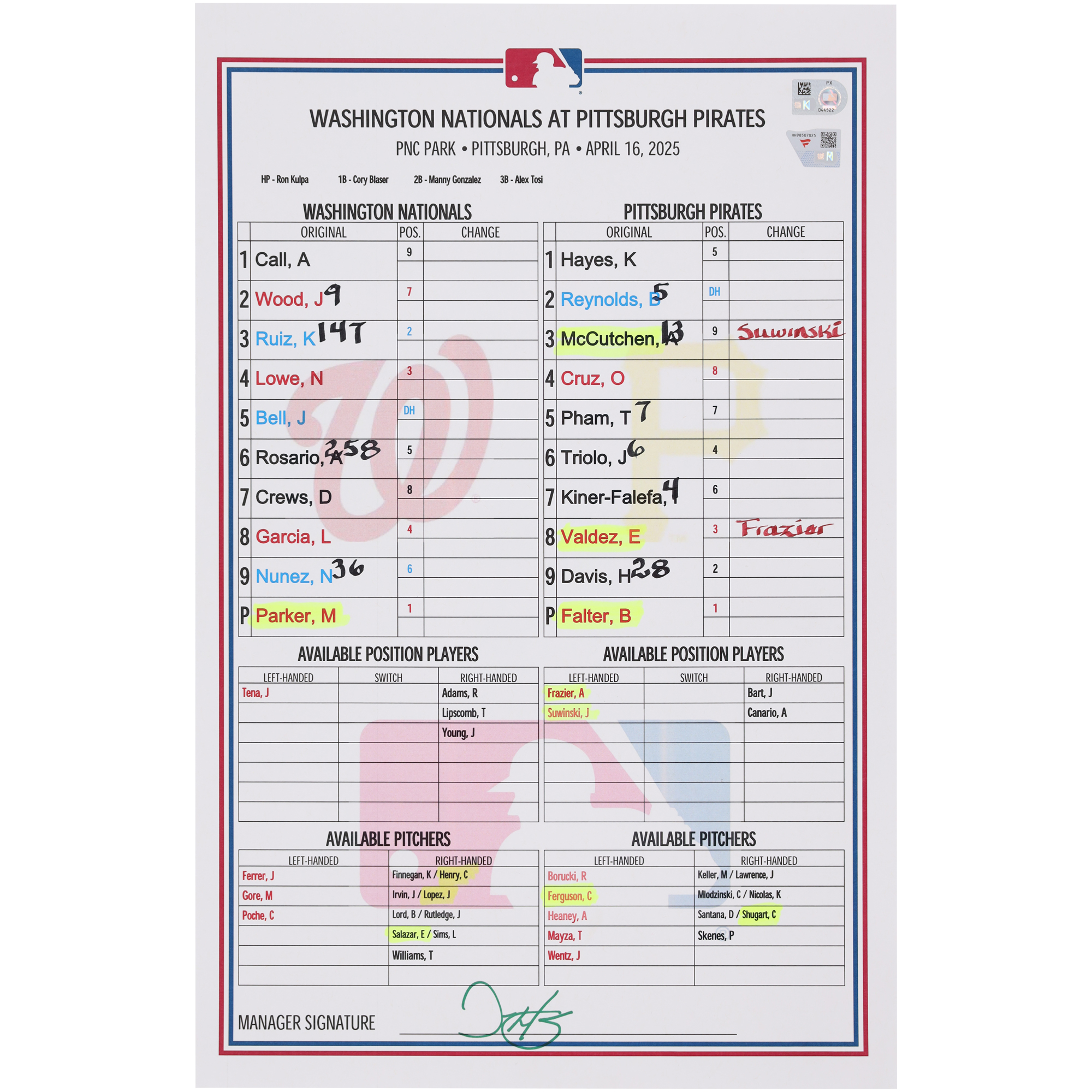 Washington Nationals Game-Used Lineup Card vs. Pittsburgh Pirates on April 16, 2025
