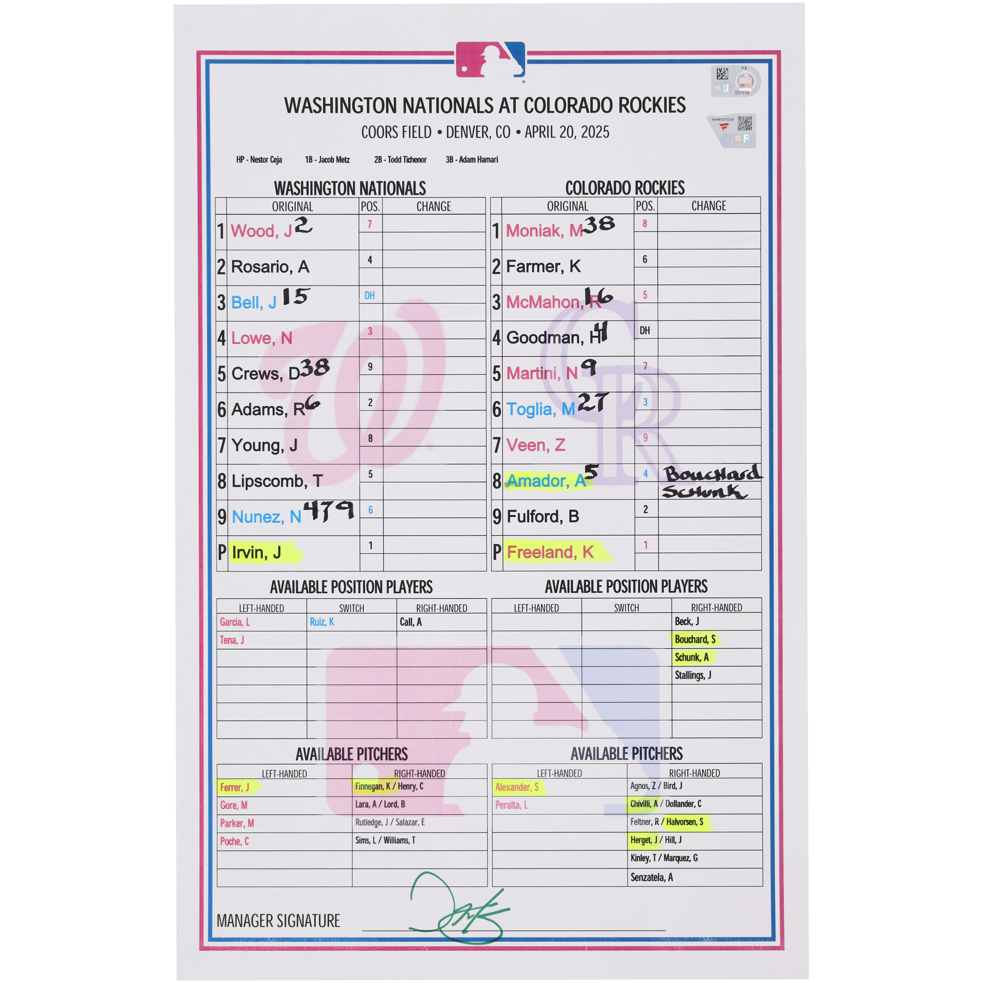 Washington Nationals Game-Used Lineup Card vs. Colorado Rockies on April 20, 2025