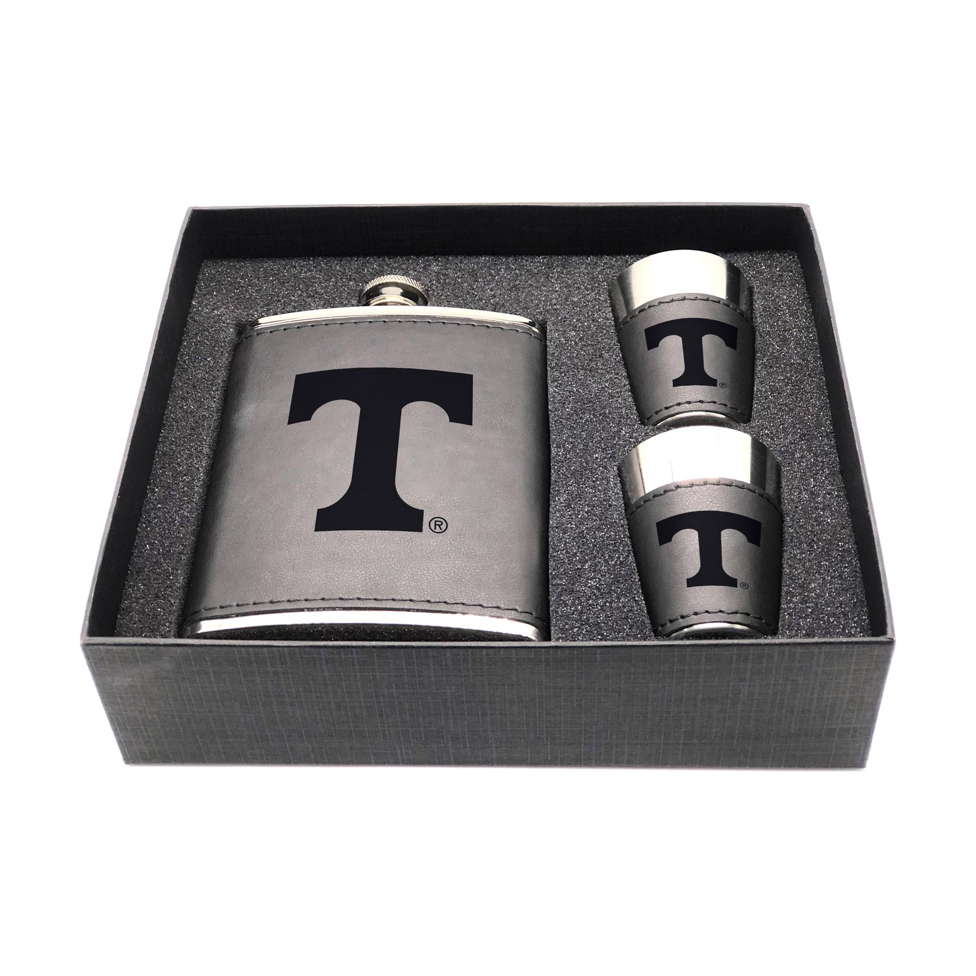 Tennessee Volunteers Three-Piece Leather Flask & Shot Glass Set Tennessee Volunteers Three-Piece Leather Flask & Shot Glass Set