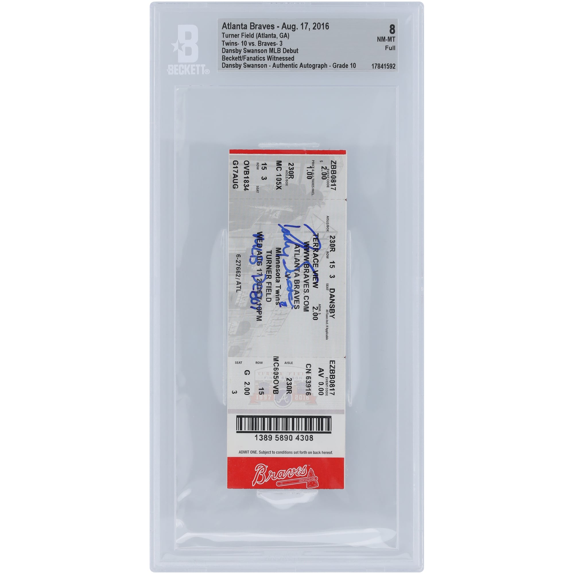 Dansby Swanson Atlanta Braves Autographed MLB Debut Beckett Fanatics Witnessed Authenticated 8/10 Ticket from August 17, 2016 with "MLB Debut" Inscription