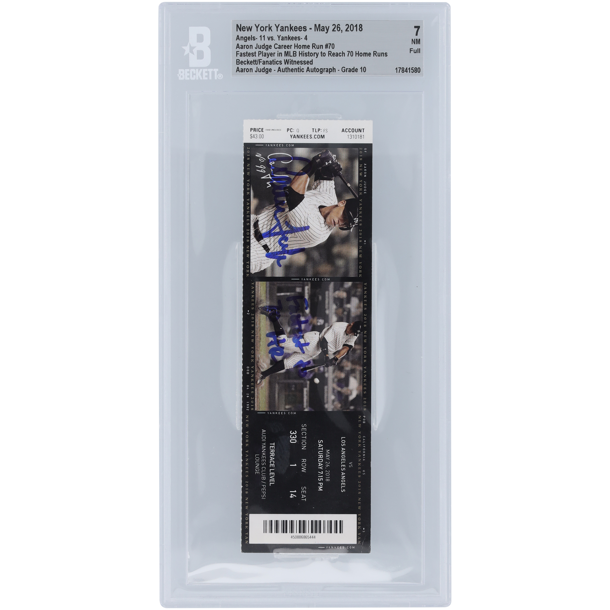 Aaron Judge New York Yankees Fastest Player in MLB History to Reach 70 Home Runs Judge Image on Ticket Beckett Fanatics Witnessed Authenticated 7/10 Ticket from May 26, 2018 with "Fastest to 70 HR" Inscription