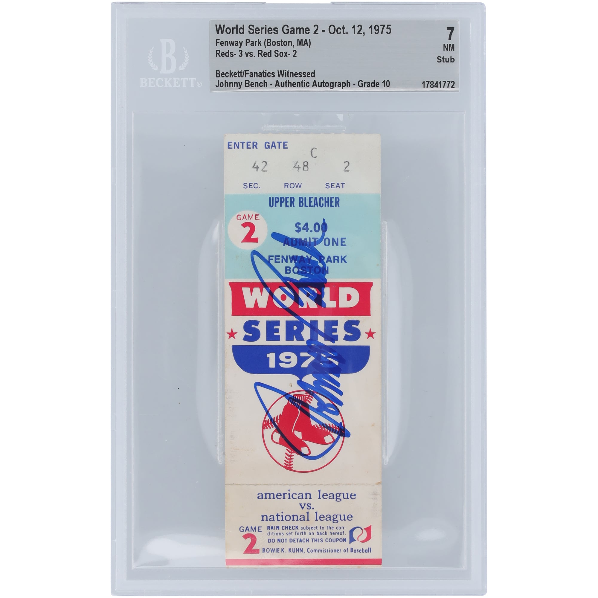 Johnny Bench Cincinnati Reds 1975 World Series Game 2 Beckett Fanatics Witnessed Authenticated 7/10 Ticket from October 12, 1975