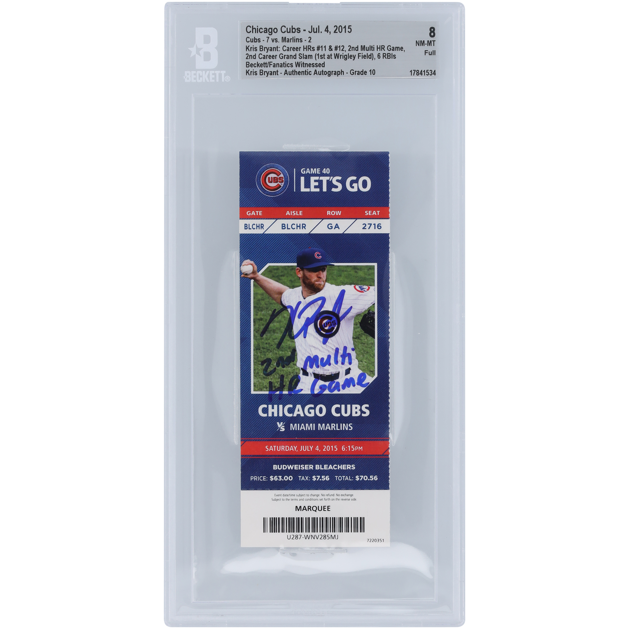 Kris Bryant Chicago Cubs Autographed Career HRs #11 & #12, 2nd Multi HR Game, 2nd Career Grand Slam, 6 RBIs Beckett Fanatics Witnessed Authenticated 8/10 Ticket from July 4, 2015 with "2nd Multi HR Game" Inscription
