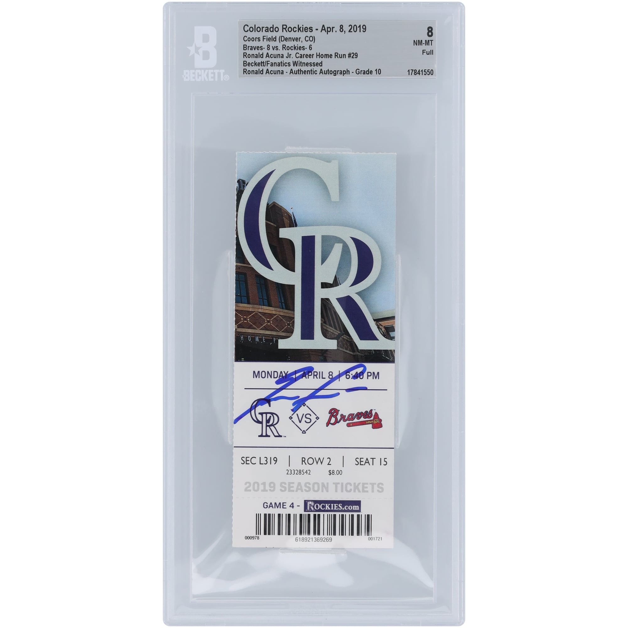 Ronald Acuña Jr. Atlanta Braves Autographed Career Home Run #29 Beckett Fanatics Witnessed Authenticated 8/10 Ticket from April 8, 2019