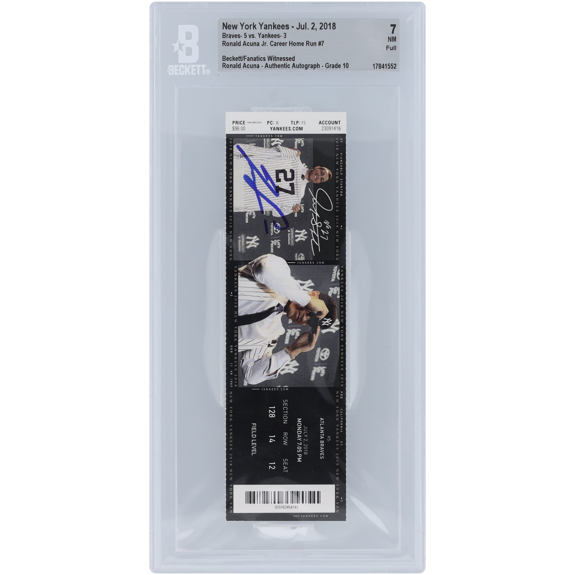 Ronald Acuña Jr. Atlanta Braves Career Home Run #7 Beckett Fanatics Witnessed Authenticated /10 Ticket from July 2