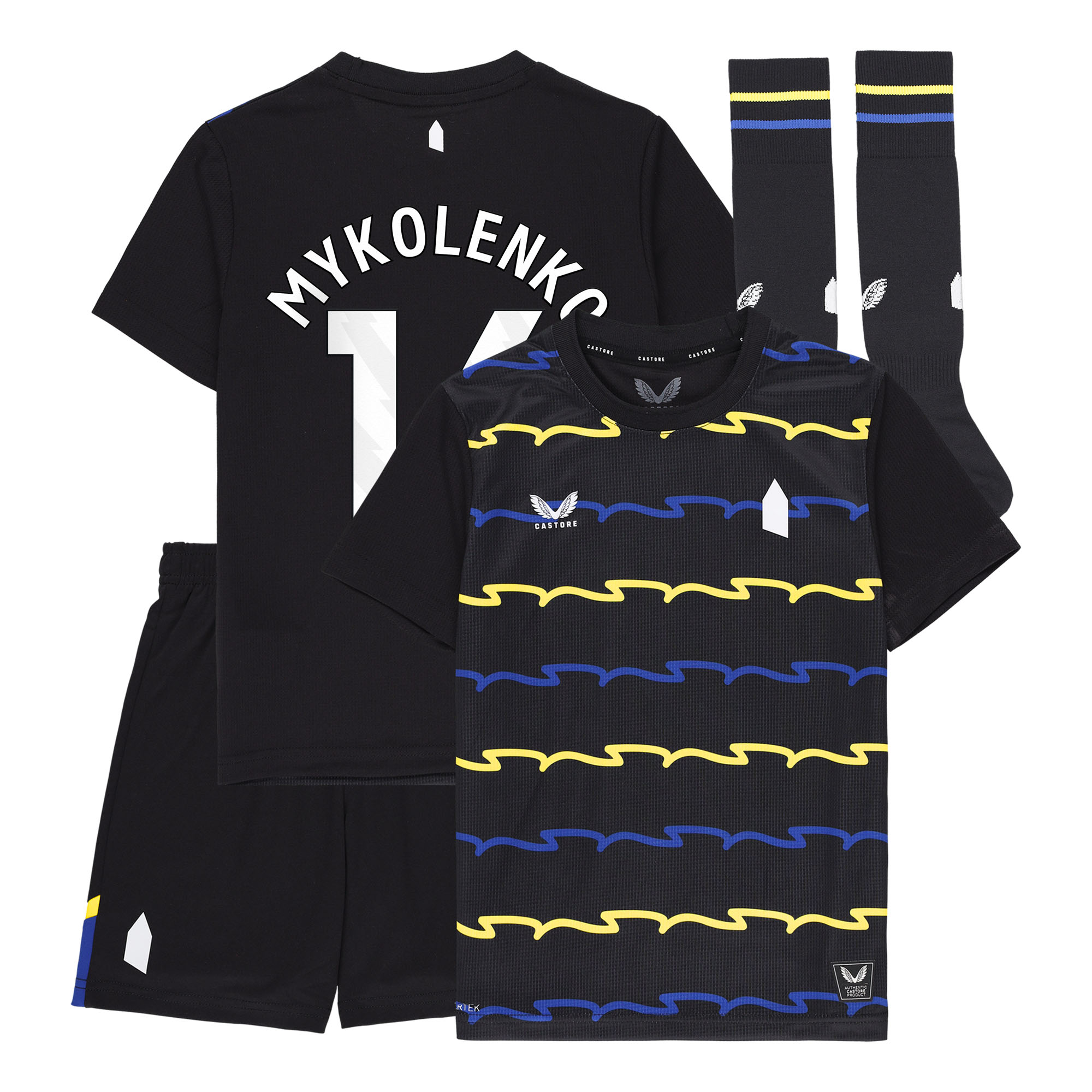 Everton Castore Third Infant Kit 2025-26 with Mykolenko 16 printing