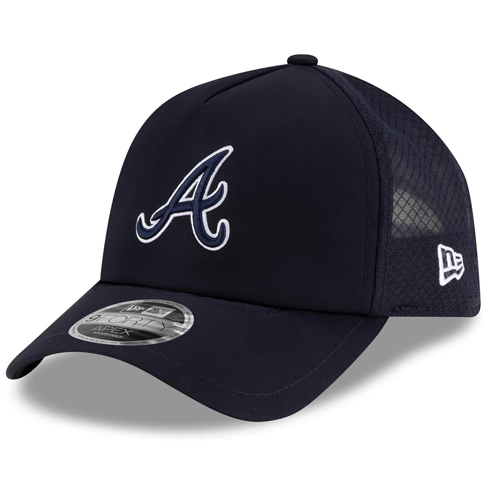 Men's New Era Navy Atlanta Braves 2026 Batting Practice Apex 9FORTY Adjustable Trucker Hat