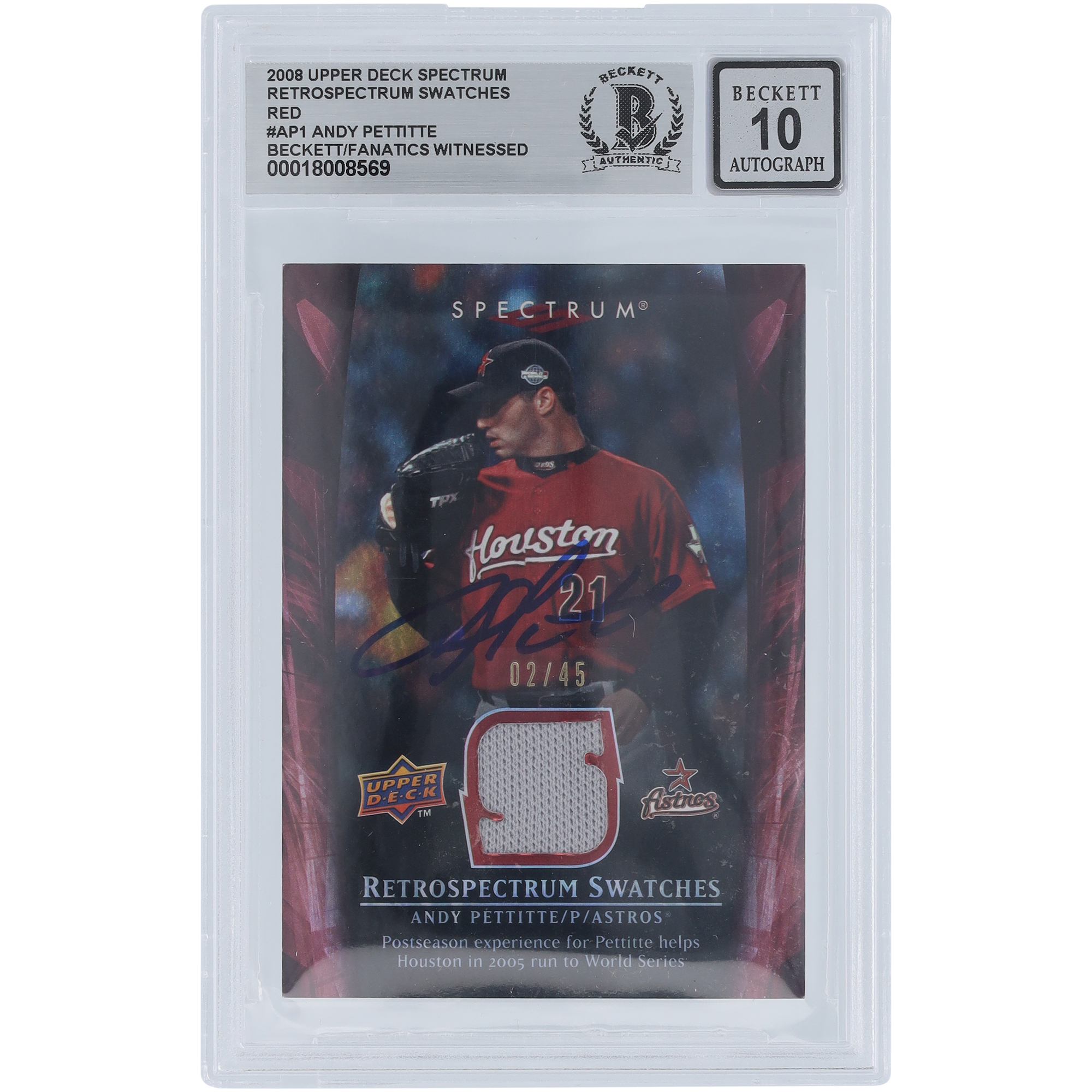 Andy Pettitte Houston Astros Autographed 2008 Upper Deck Spectrum Red Retrospectrum GU Relic #RS-AP1 #/45 Beckett Fanatics Witnessed Authenticated 10 Card
