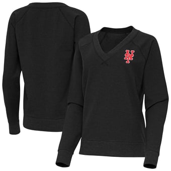 Women's Antigua Heather Black New York Mets Varsity Tri-Blend V-Neck Long Sleeve T-Shirt