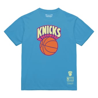 Men's Mitchell & Ness Light Blue New York Knicks Hardwood Classics Arctic Sunset Neon Retro Logo T-Shirt