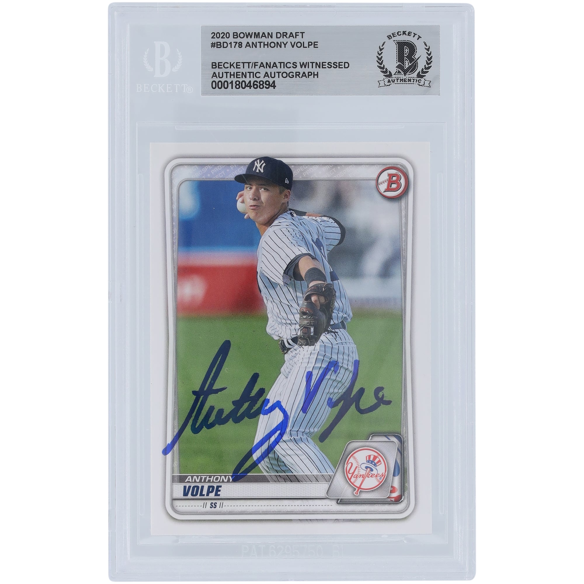 Anthony Volpe New York Yankees Autographed 2020 Bowman Draft #BD-178 Beckett Fanatics Witnessed Authenticated Card