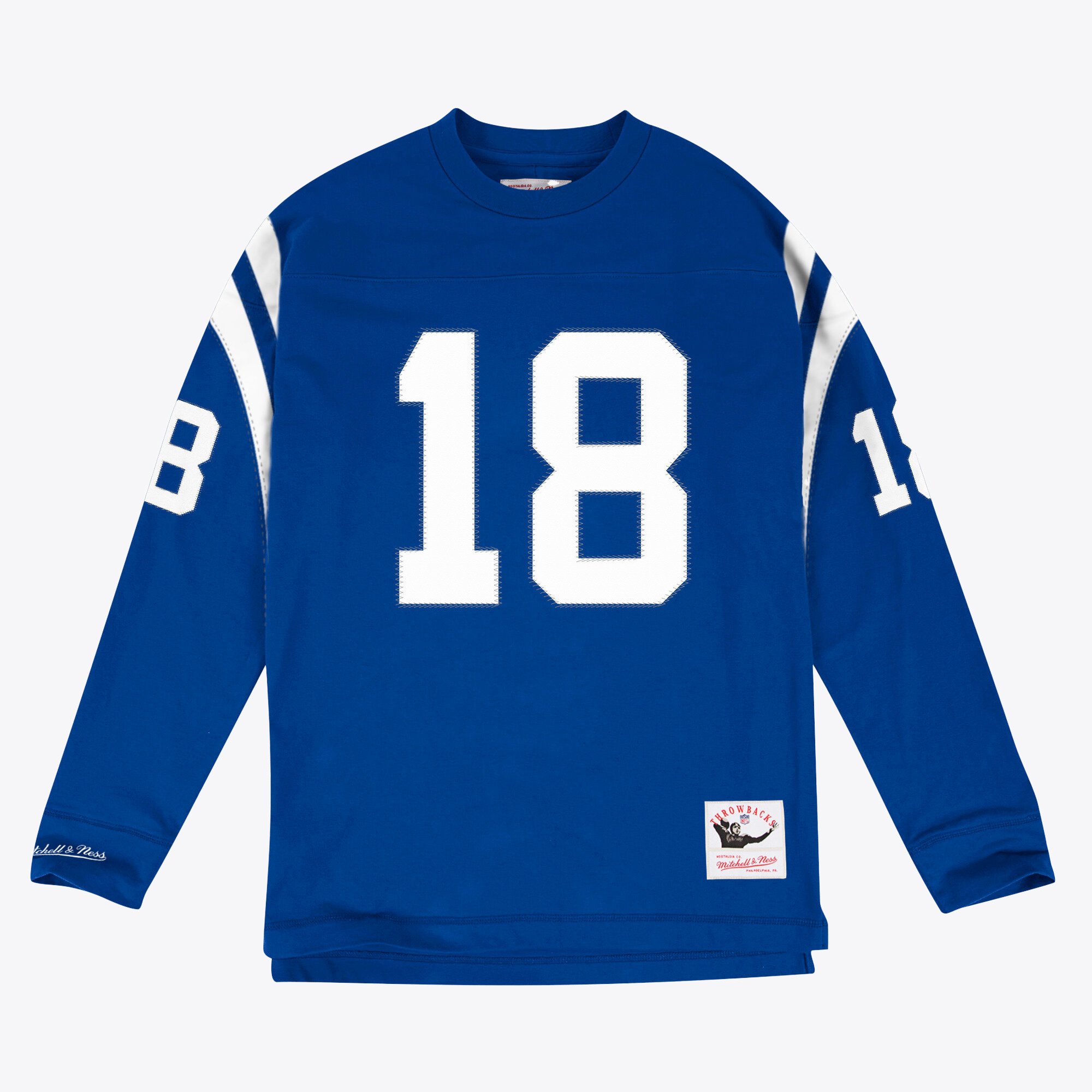 Maglietta a maniche lunghe con nome e numero Mitchell & Ness degli Indianapolis Colts Peyton Manning blu navy