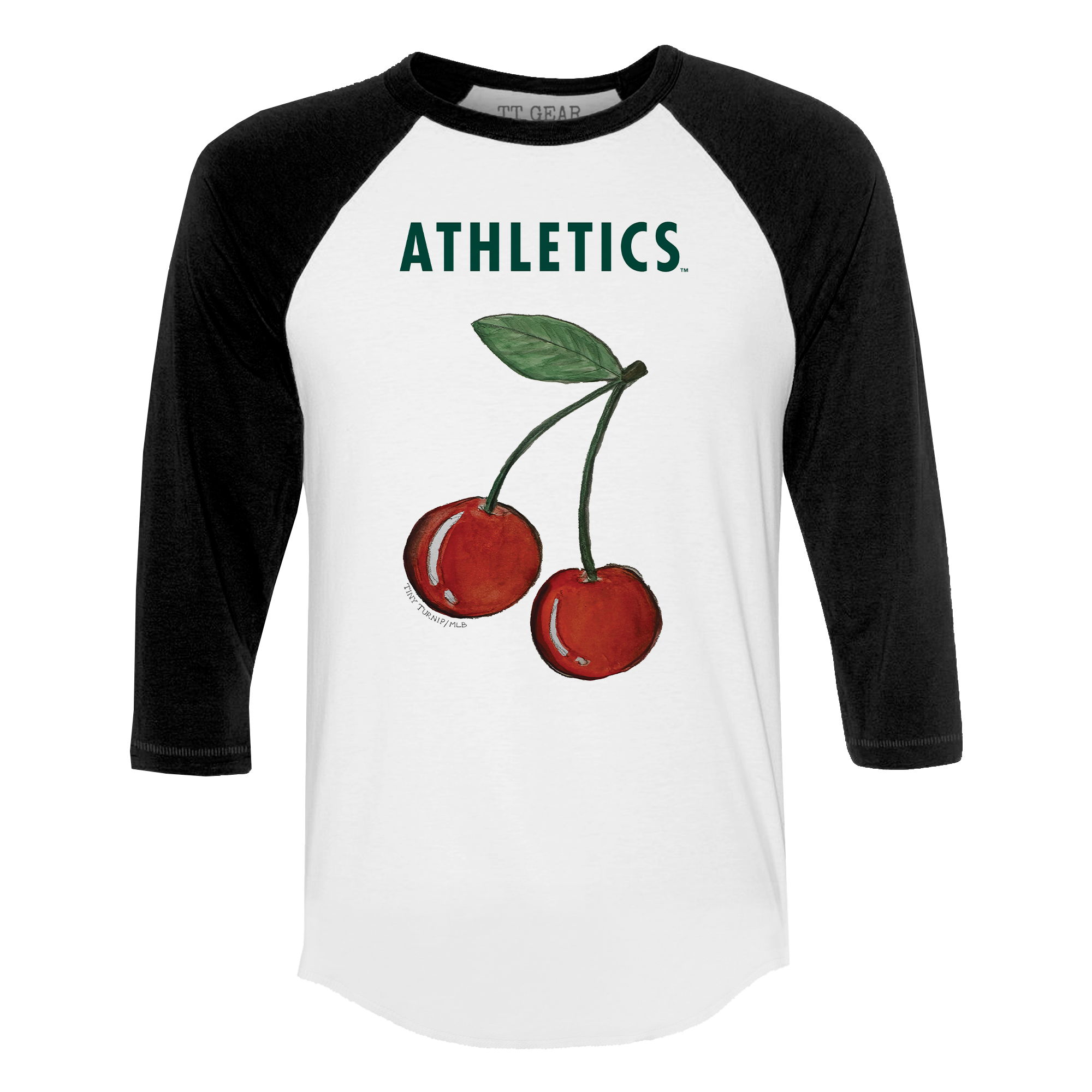 Women's Tiny Turnip White Athletics Cherries 3/4-Sleeve Raglan Baseball T-Shirt