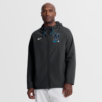 Men's Nike Black Miami Marlins Authentic Collection Raglan Therma-FIT Full-Zip Hooded Jacket