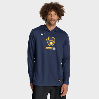 Men's Nike Navy Milwaukee Brewers Authentic Collection Dri-FIT Long Sleeve Hooded T-Shirt