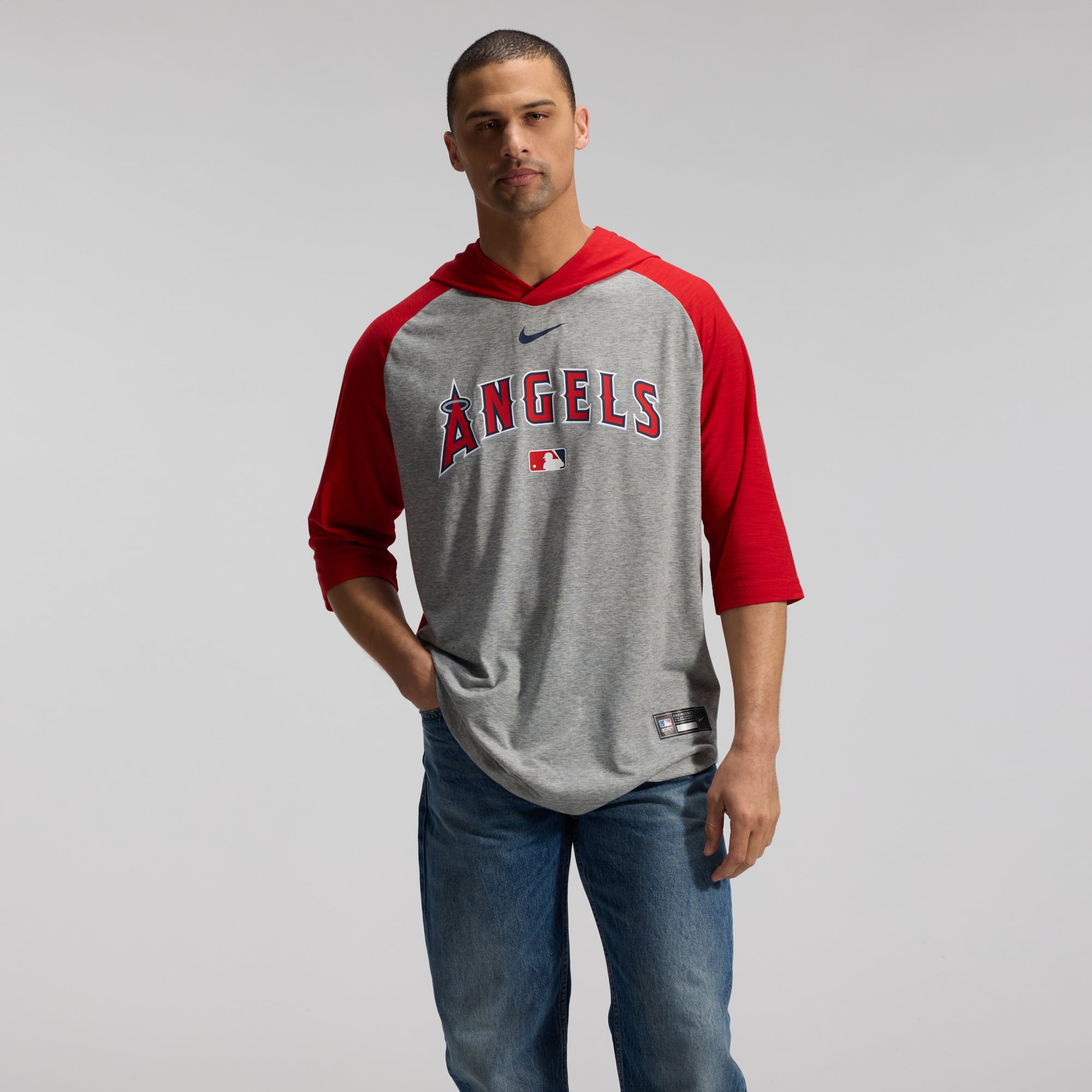 Men's Nike Gray Los Angeles Angels Authentic Collection Flux Dri-FIT Raglan 3/4-Sleeve Hooded T-Shirt