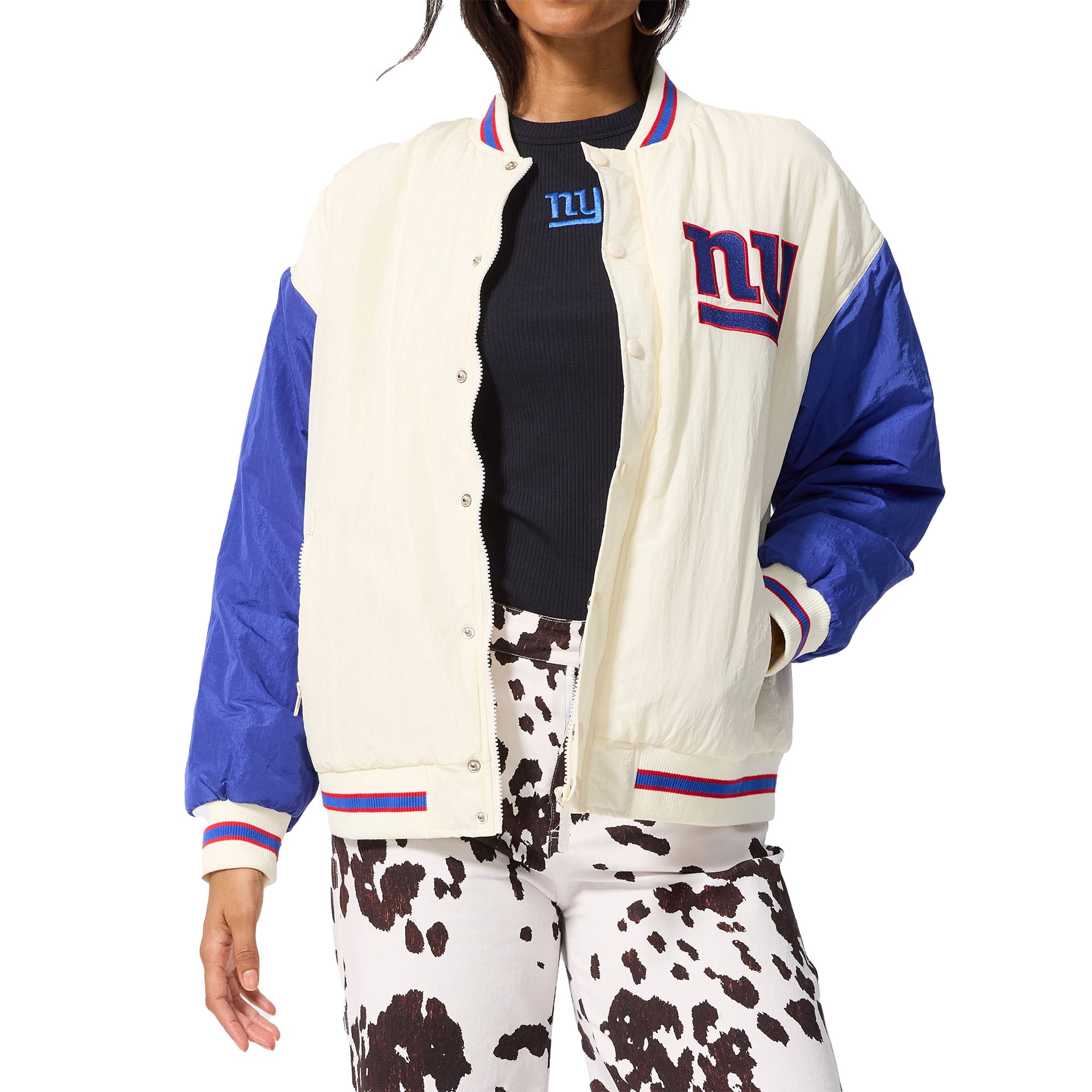 Women’s Terez White New York Giants Sugar Swizzle Color-Block Full-Zip Bomber Jacket Women’s Terez White New York Giants Sugar Swizzle Color-Block Full-Zip Bomber Jacket