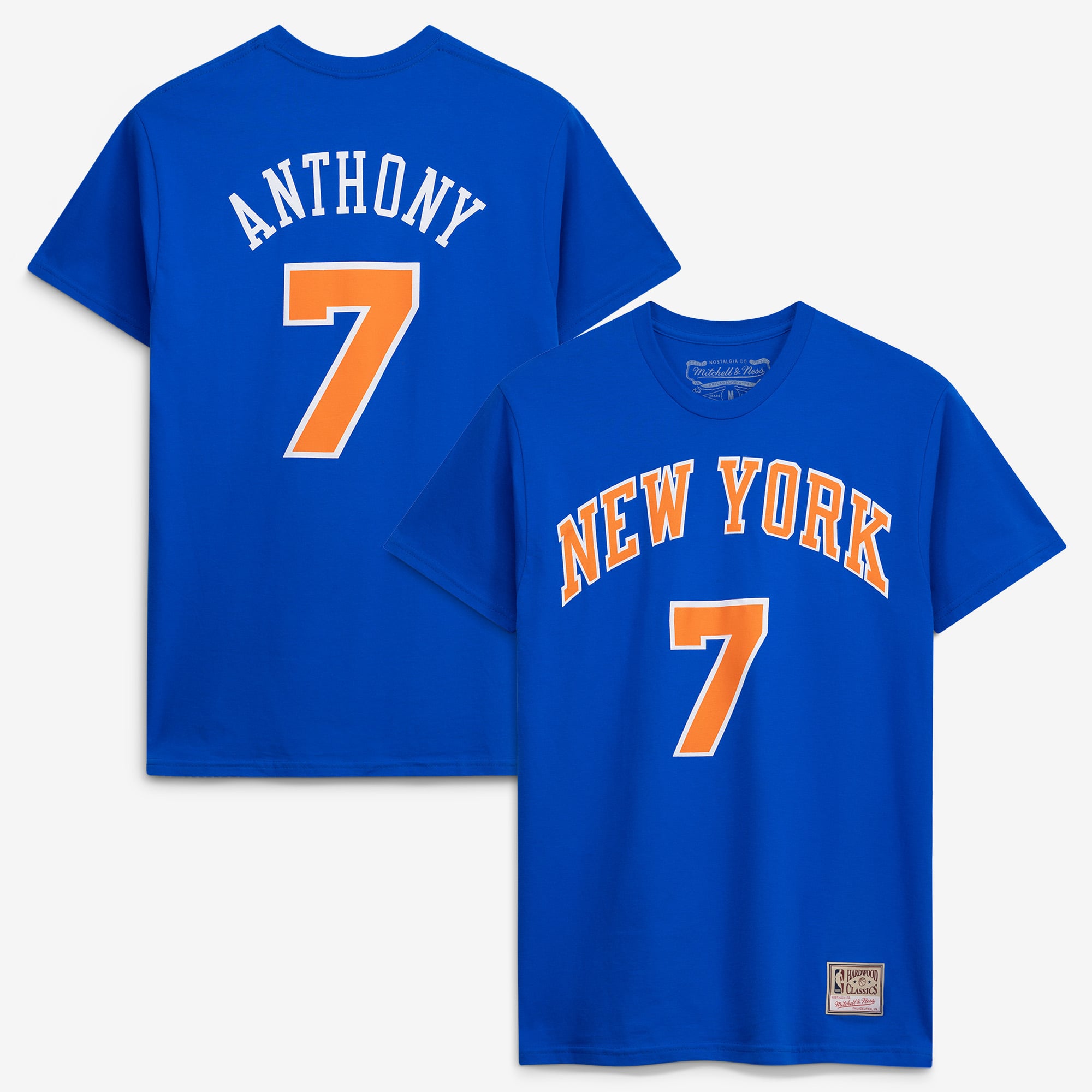 Mitchell & Ness Herren-T-Shirt mit Carmelo Anthony Royal New York Knicks Hardwood Classics Retro-Design, Name und Nummer