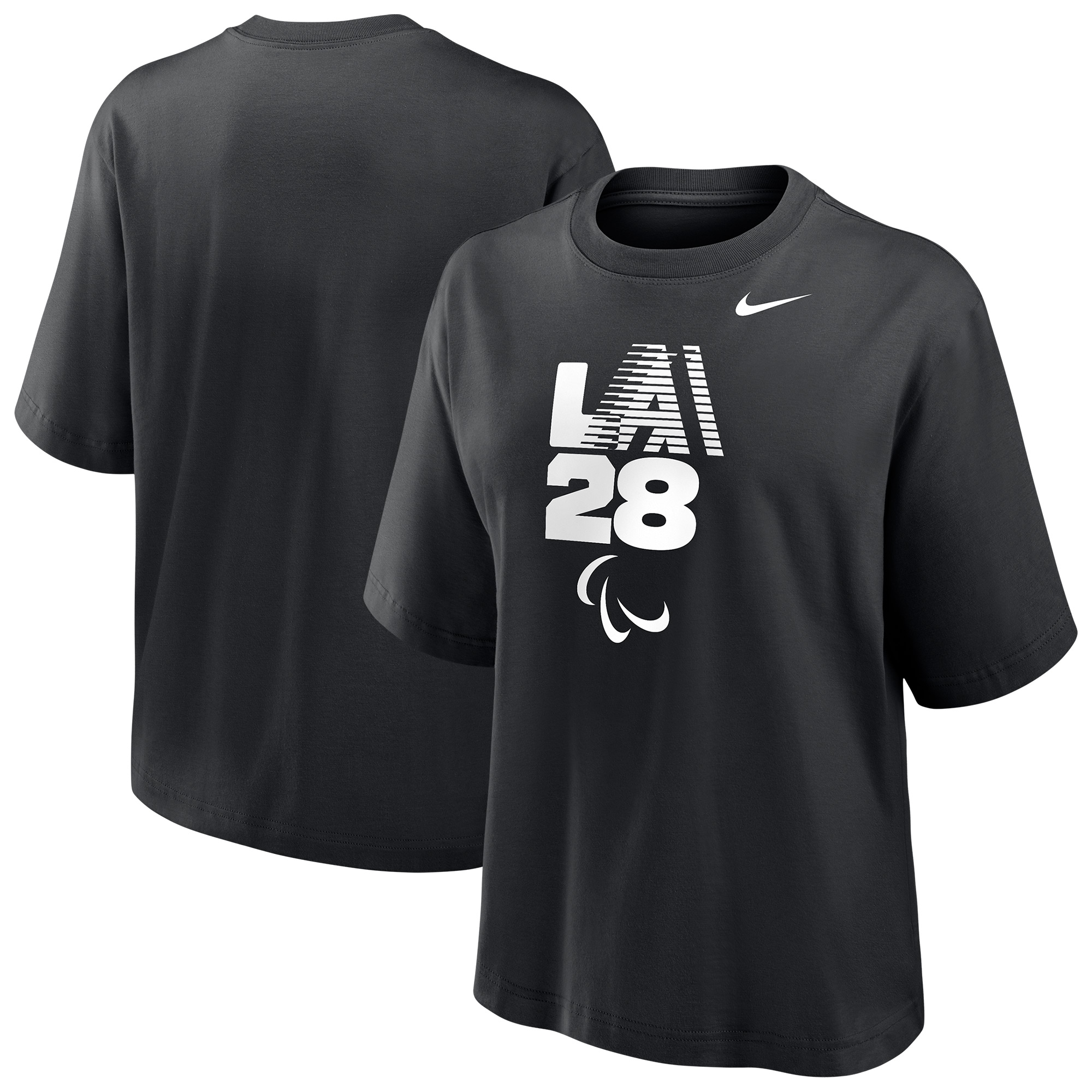 Women’s Nike Black LA28 Summer Paralympics Retro Stripe Logo Boxy T-Shirt Women’s Nike Black LA28 Summer Paralympics Retro Stripe Logo Boxy T-Shirt