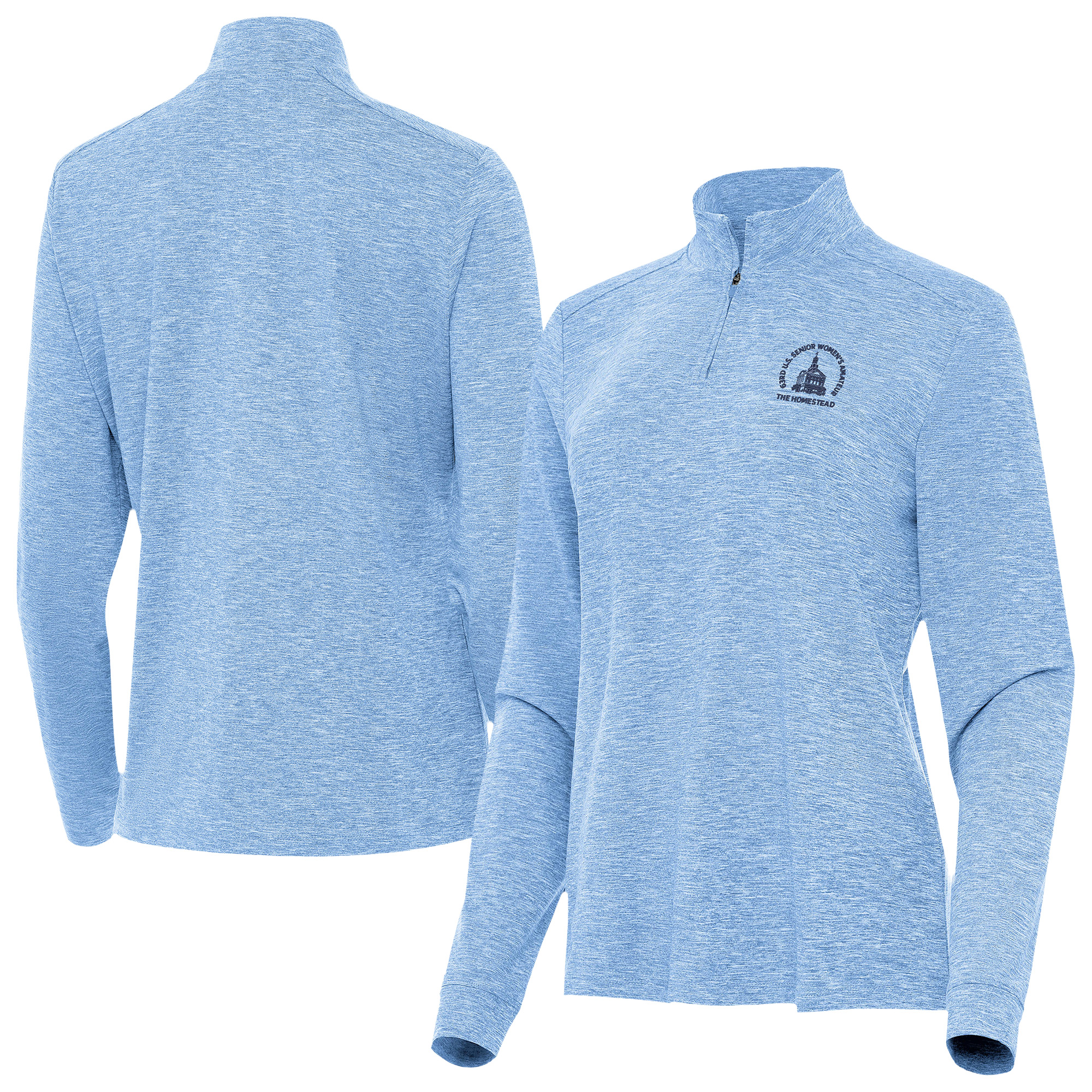 Women’s 2025 U.S. Senior Women’s Amateur Antigua Heather Powder Blue Mentor Quarter-Zip Long Sleeve Performance Pullover Women’s 2025 U.S. Senior Women’s Amateur Antigua Heather Powder Blue Mentor Quarter-Zip Long Sleeve Performance Pullover