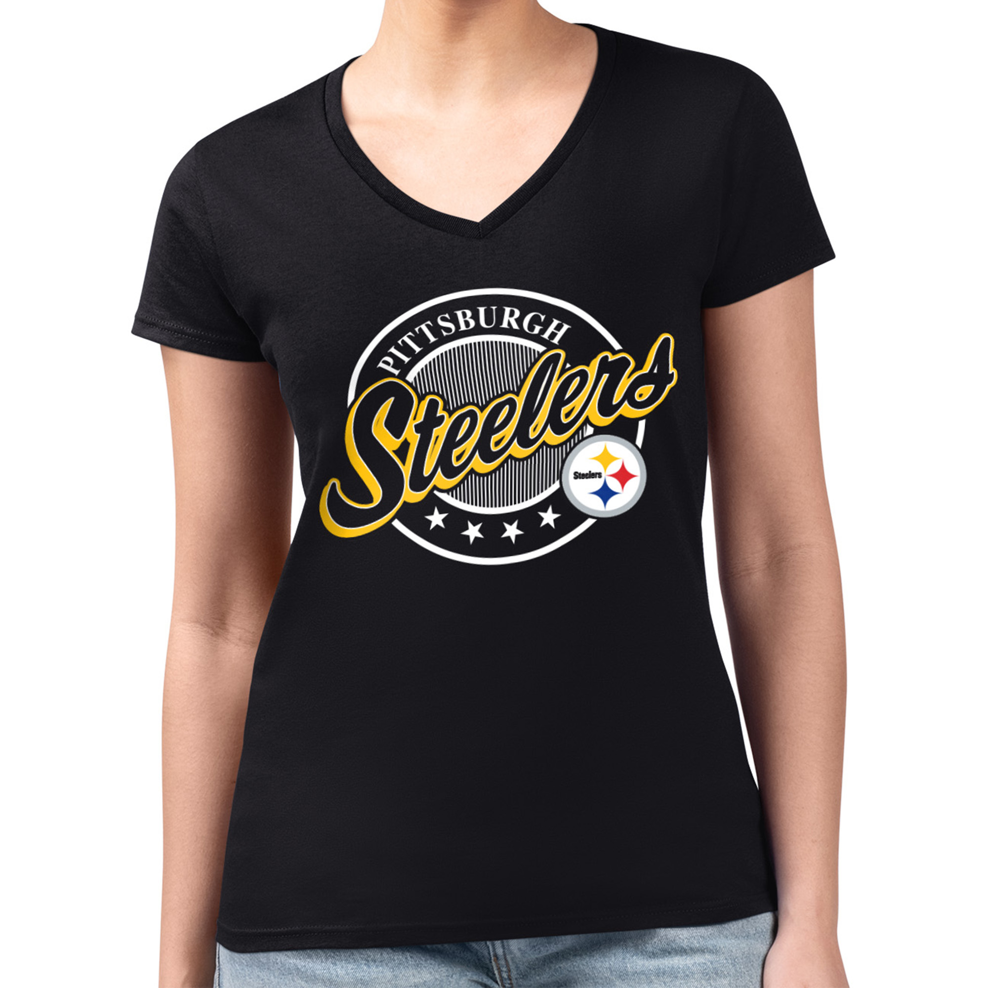 Women's G-III 4Her by Carl Banks Black Pittsburgh Steelers Super-Slim Fit Lightweight Pinstripe Circle V-Neck T-Shirt