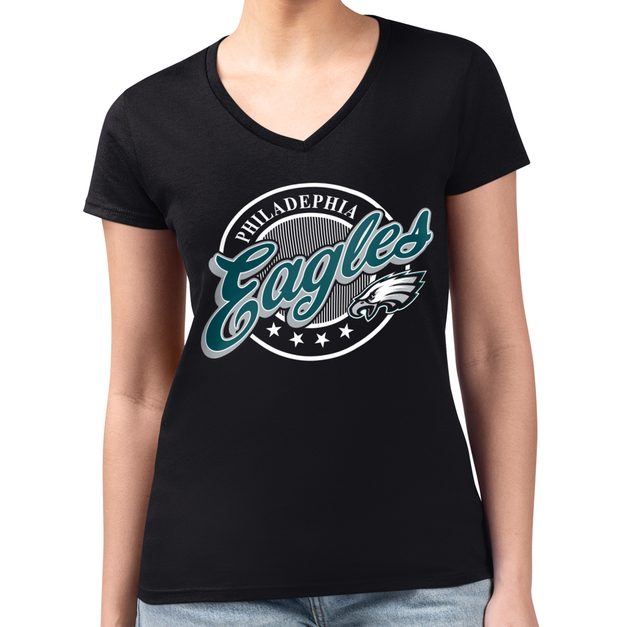 Women's G-III 4Her by Carl Banks Black Philadelphia Eagles Super-Slim Fit Lightweight Pinstripe Circle V-Neck T-Shirt