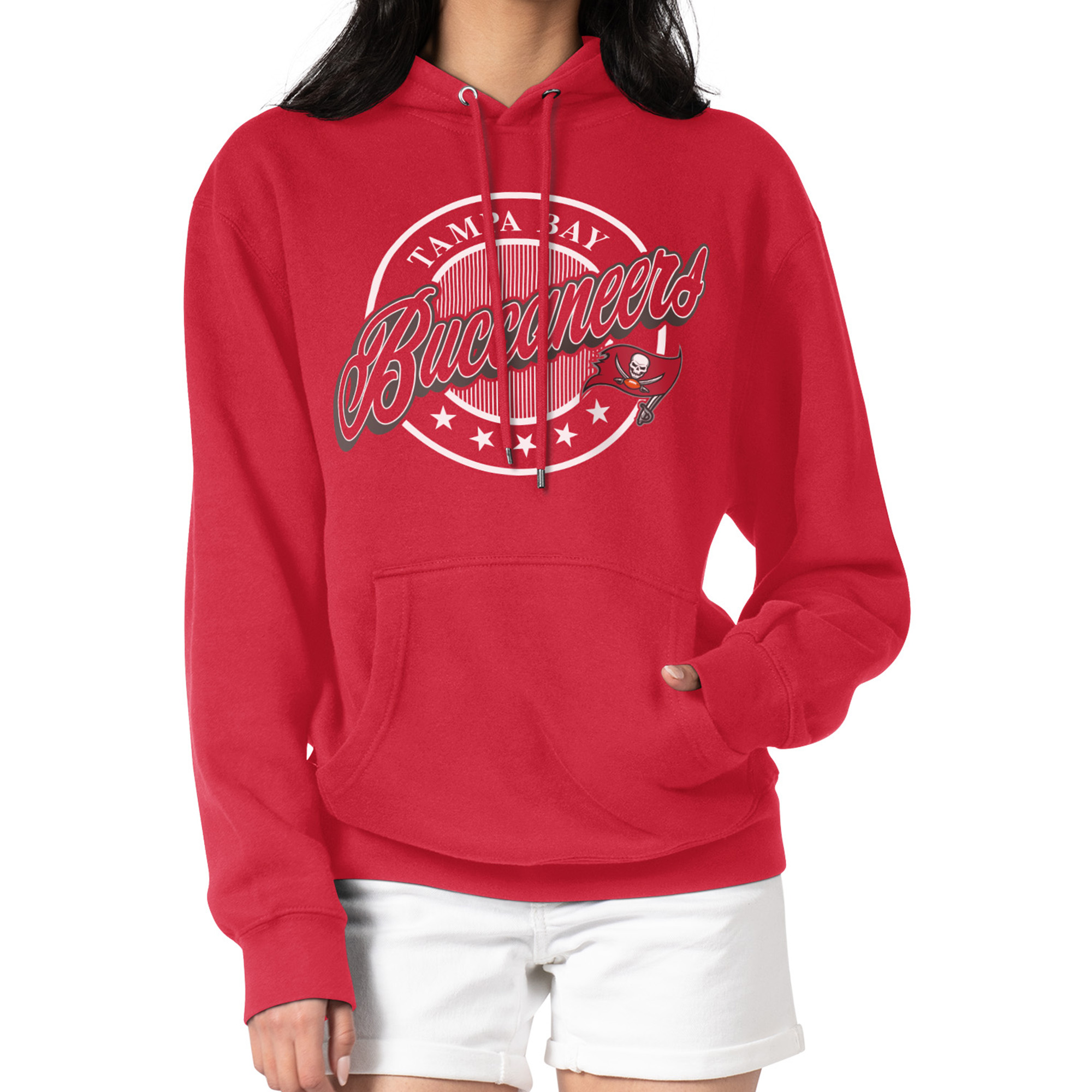Women's G-III 4Her by Carl Banks Red Tampa Bay Buccaneers Pinstripe Circle Fleece Pullover Hoodie