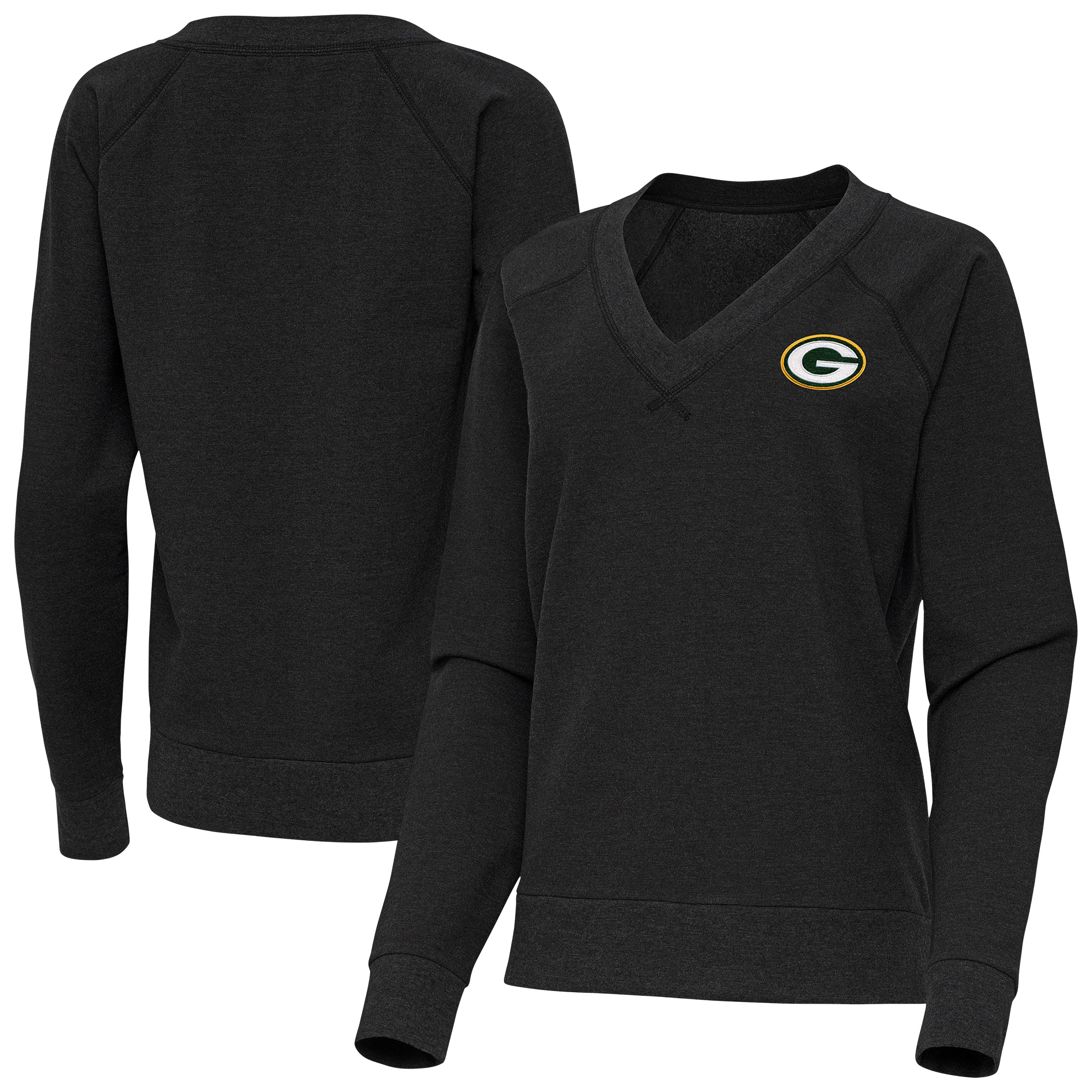 Women's Antigua Heather Black Green Bay Packers Varsity Tri-Blend V-Neck Long Sleeve T-Shirt