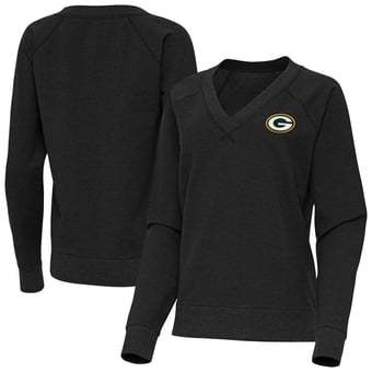 Women's Antigua Heather Black Green Bay Packers Varsity Tri-Blend V-Neck Long Sleeve T-Shirt