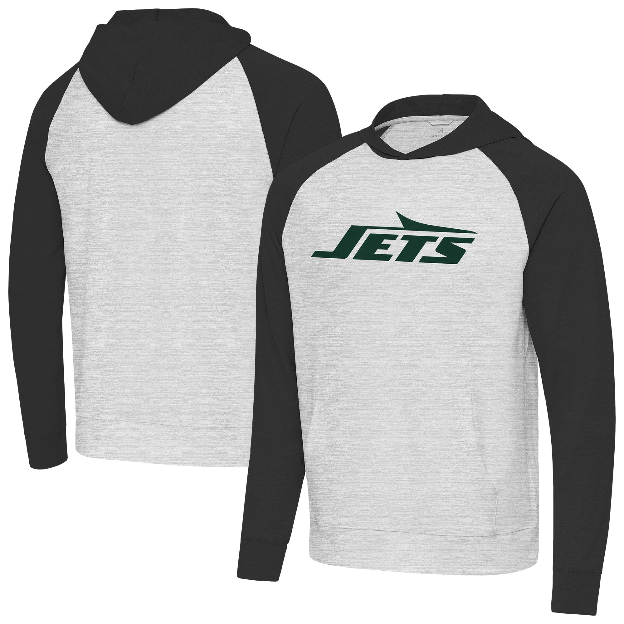 Men's Antigua Heather Gray/Black New York Jets Urgent Raglan Pullover Hoodie