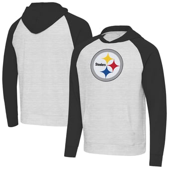 Men's Antigua Heather Gray/Black Pittsburgh Steelers Urgent Raglan Pullover Hoodie