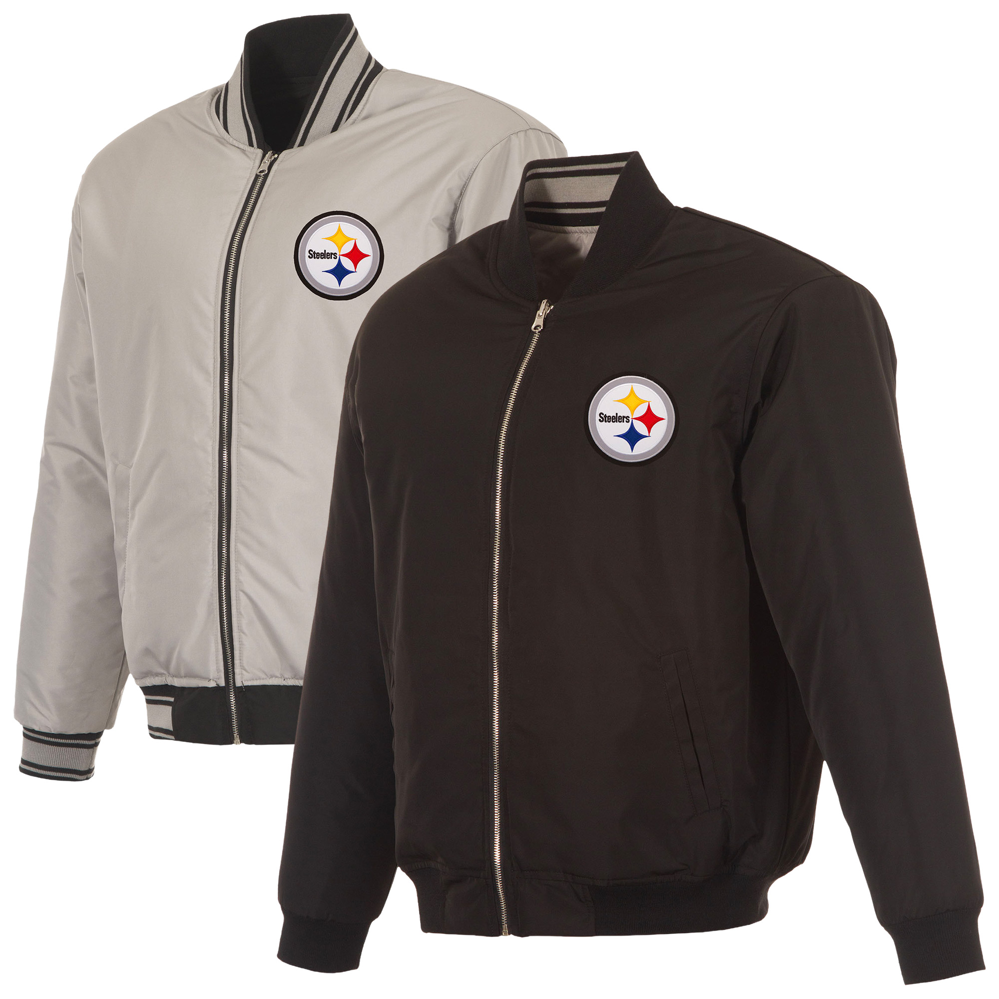 Men's JH Design Black/Gray Pittsburgh Steelers Full-Zip Reversible Flight Jacket