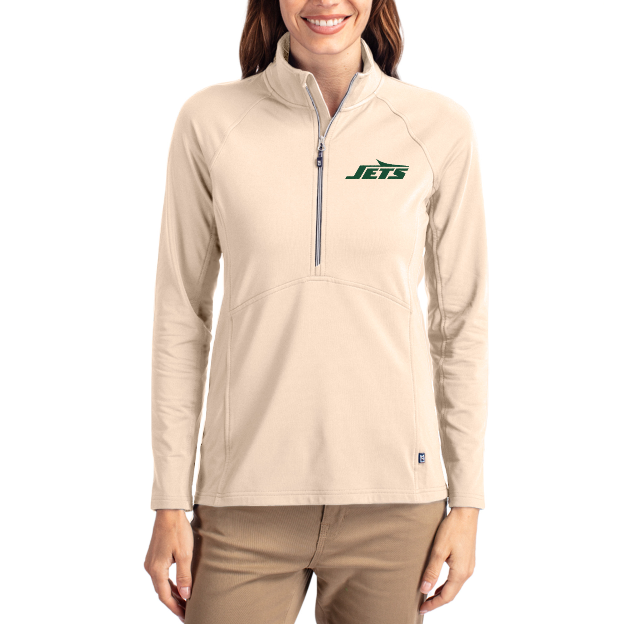 Women's Cutter & Buck Tan New York Jets Adapt Eco Knit Stretch Recycled Raglan Half-Zip Pullover
